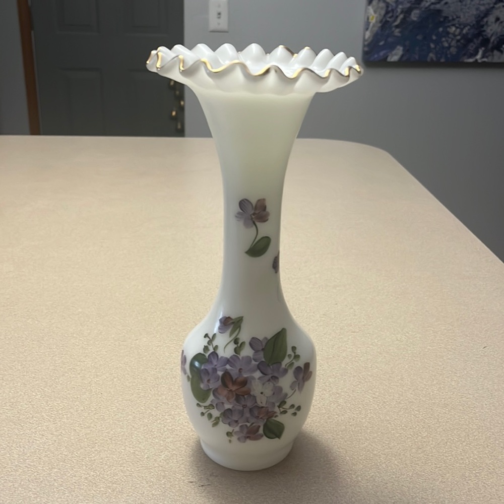Consolidated Glass VINTAGE Hand-painted Regent Milk Glass Vase VIOLETS 10 1/2”